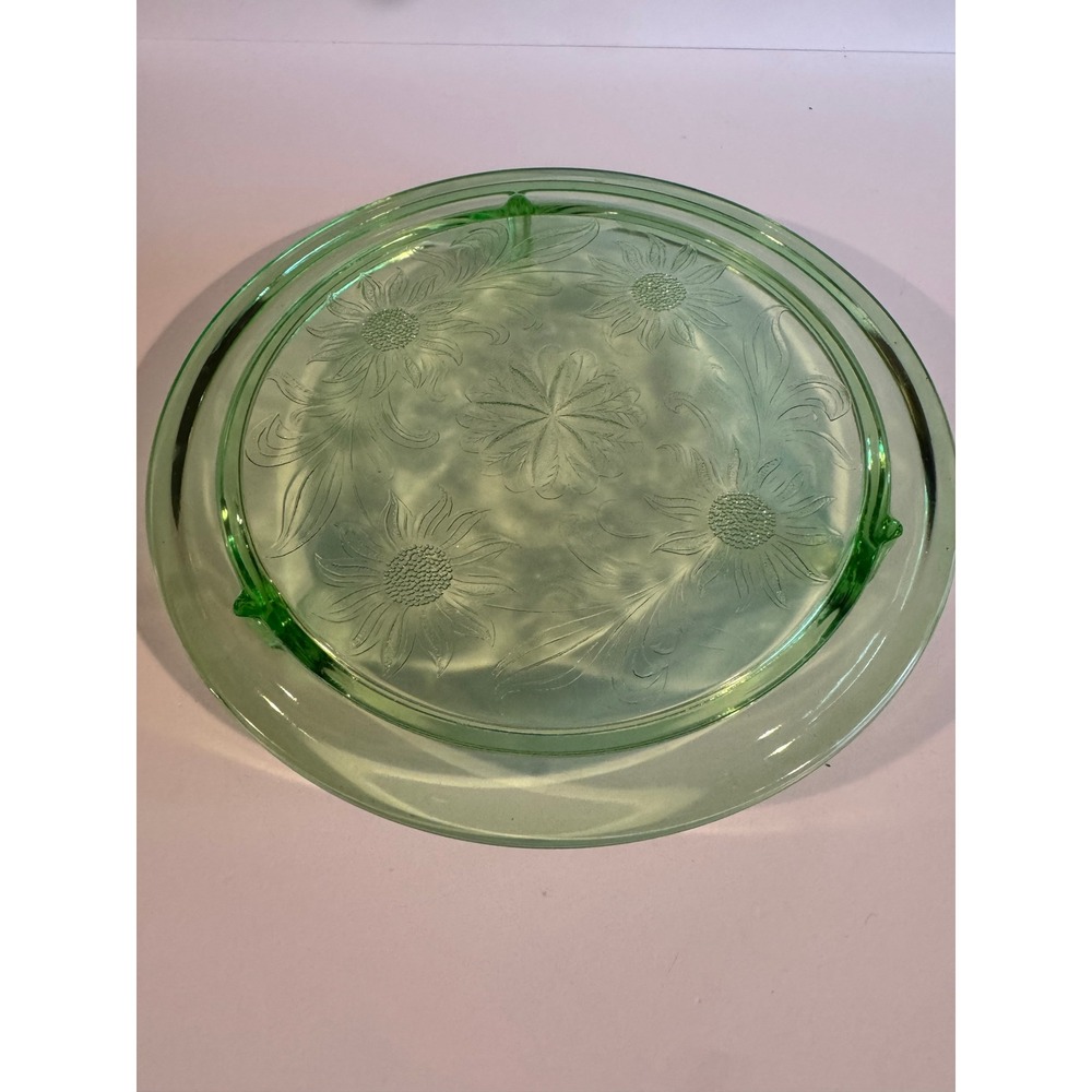 Vintage Uranium Depression Glass Cake Plate Floral Pattern Footed Glows Under UV